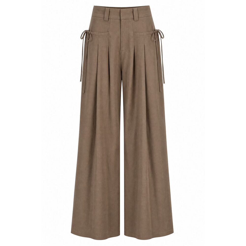 NDEY Wide Leg Trouser Womens Size S High Waist Pleated 26in Pants Brown Pockets